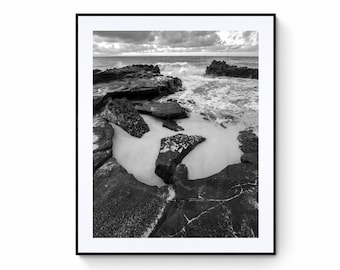 Beach Sunrise Photography, Black and White Print, Fine Art Photo or Canvas Print, Landscape Hawaii, Ocean Poster, Wall Art, Home Decor