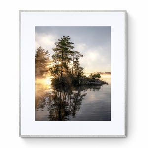 Sunrise Lake Print: Ontario Cottage Country Landscape, Misty Pine Island image 4