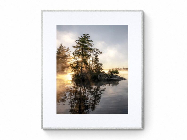 Sunrise Lake Print: Ontario Cottage Country Landscape, Misty Pine Island image 4