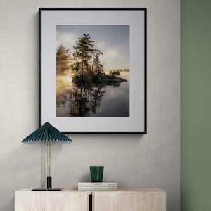 Sunrise Lake Print: Ontario Cottage Country Landscape, Misty Pine Island image 5