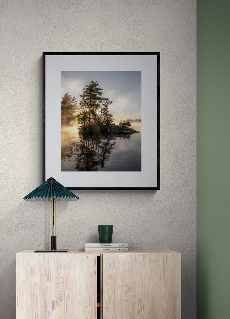 Sunrise Lake Print: Ontario Cottage Country Landscape, Misty Pine Island image 5