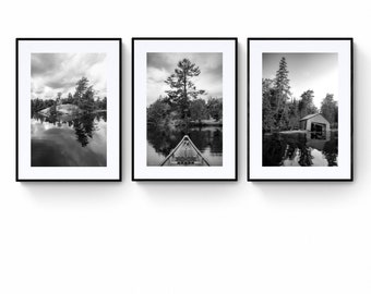 3 Set d’impression, Paysage de hangar à bateaux de canot, noir et blanc, Photographie de lac, Tirages photo ou toile d’art, Décor mural de chalet, Art mural