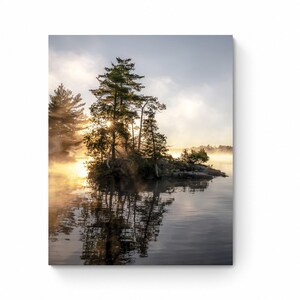 Sunrise Lake Print: Ontario Cottage Country Landscape, Misty Pine Island image 2
