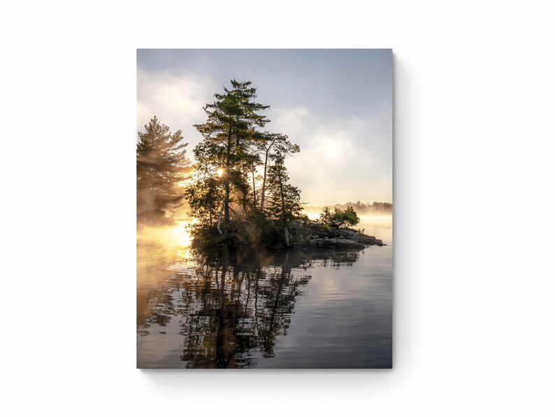 Sunrise Lake Print: Ontario Cottage Country Landscape, Misty Pine Island image 2