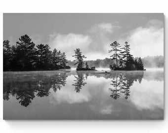 Foggy Fall Landscape Print, Black and White Photography, Panorama Reflection, Ontario, Canada, Fine Art Photo Print, Canvas Print, Wall Art