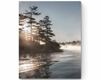 Fishing Solitude Photo Print, Morning Lake Fog with Rugged Pine Backdrop, Perfect Wall Art for Nature Lovers, Anglers, Valentines Day