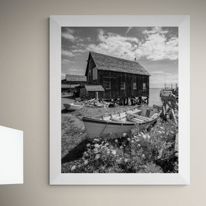 Lunenburg Black and White Print, Nautical Dory Boat, Maritime Landscape, Nova Scotia, Fine Art Photo or Canvas Print, Picture, Wall Art