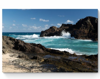 Hawaii Beach Cove Landscape Photo Print, Vibrant Blue Water Crashing on Lava Shoreline, Perfect for Home Decor, Ideal Gift for Travel Lovers