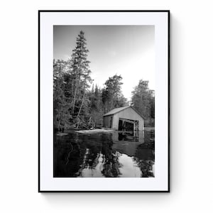 Boathouse Vertical Print, B&W Lake Print, Wall Art, Kawartha Landscape, Ontario;  Fine Art Photo or Canvas Print, Cottage Wall Decor