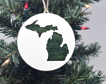 Michigan Ornament White with Green Resin