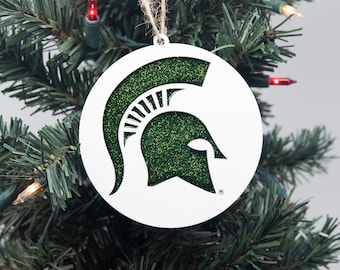 Michigan State University Ornament with White with Green Resin Spartan