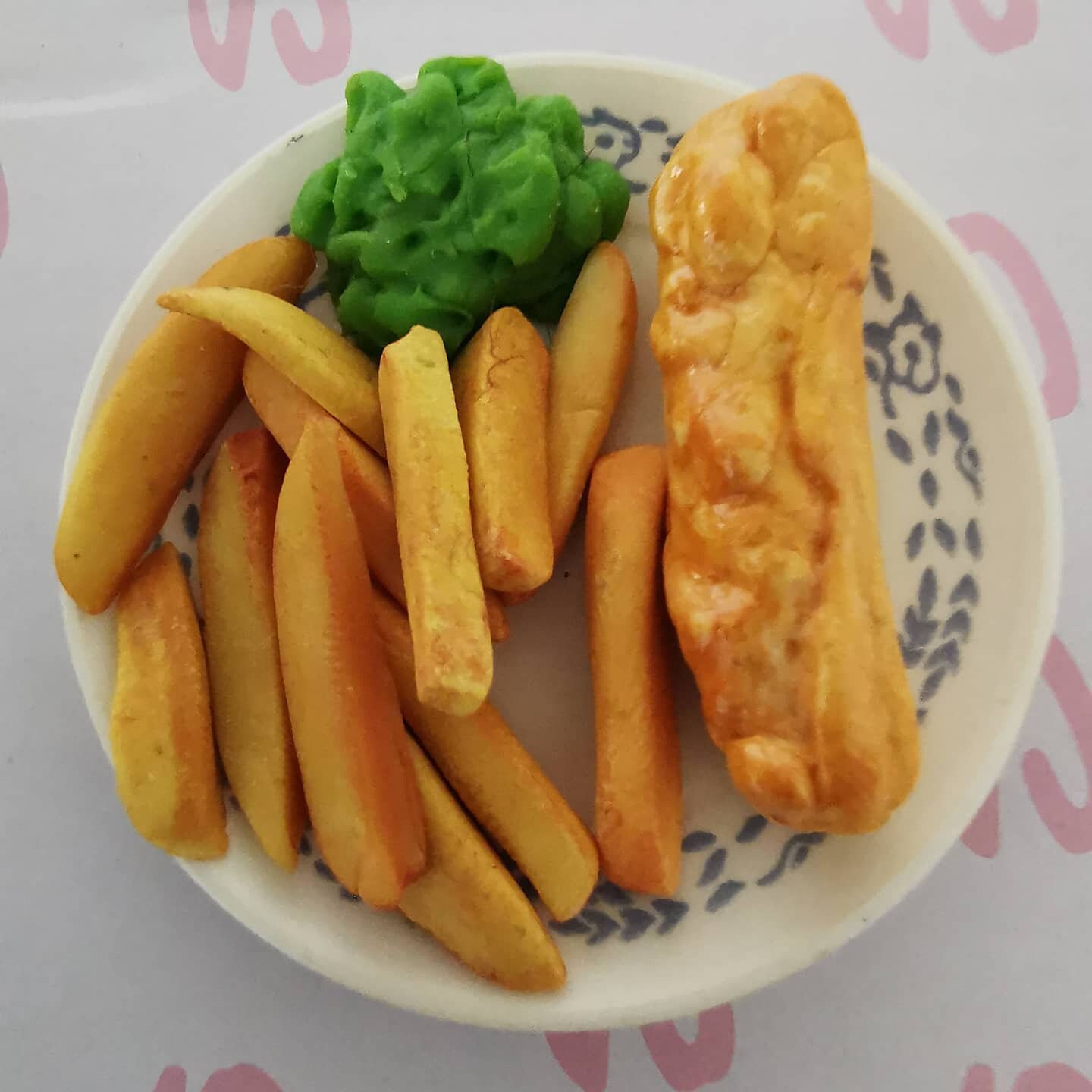 Miniature Clay Food. Battered Sausage chips and mushy peas. Etsy