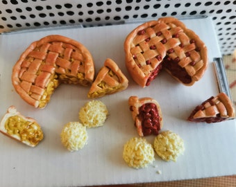 Miniature Clay Food. 2 x Pies. Cherry pie and Apple Pie. With Cut Slices and Icecream. 1/6 scale . Suitable for 11/12" dolls and dioramas