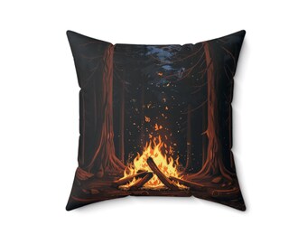 Dark Forest Camp Fire Spun Polyester Square Pillow