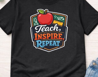 Teach Inspire Repeat PNG | Teacher Appreciation Apple Sublimation Design | Back to School Digital Download | Educator T-Shirt Graphic DTG