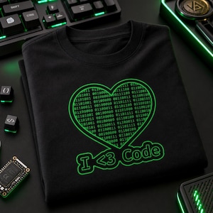 Op de afbeelding: Zwart T-shirt met een neon groen hartvormig ontwerp gevuld met binaire code. De tekst "I <3 Code" staat onder het hart. Het T-shirt heeft een ronde hals. Het thema is gerelateerd aan informatica en programmeren.