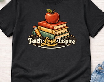 Retro Teacher Sublimation PNG | Teach Love Inspire Vintage School Design | Apple Books Digital Download | Back to School T-Shirt Graphic