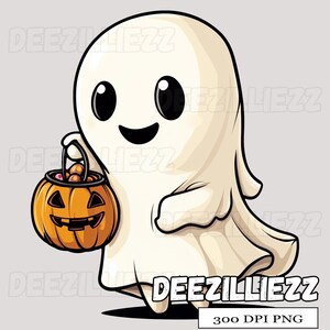Op de afbeelding: Een cartoon spook met een vriendelijke uitdrukking, met een pompoenemmer vol snoep. Het spook is wit met zwarte ogen en een lachende mond. De pompoen is oranje met een uitgesneden gezicht. De afbeelding bevat de tekst "DEEZILLIEZZ" en "300 DPI PNG".