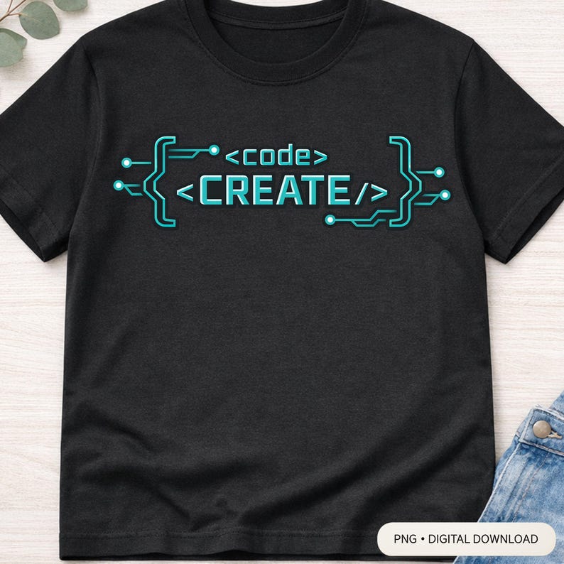 May include: Black t-shirt with the text "<code>CREATE</code>" in teal. The text is designed to look like code, with brackets and circuit board-like lines. The shirt is a digital download.