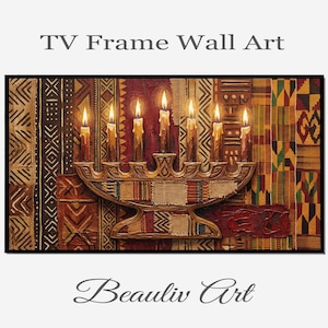 Op de afbeelding: Wandkunst "TV Frame Wall Art" met een gouden menora met brandende kaarsen. De achtergrond toont textuurpatronen in bruin, rood en geel. Het kunstwerk is gesigneerd met "Beauliv Art".