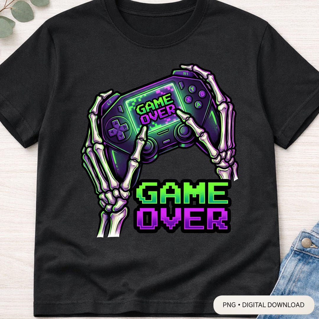 Game Over Skeleton Hands Sublimation PNG | Retro Neon Gamer Controller ...