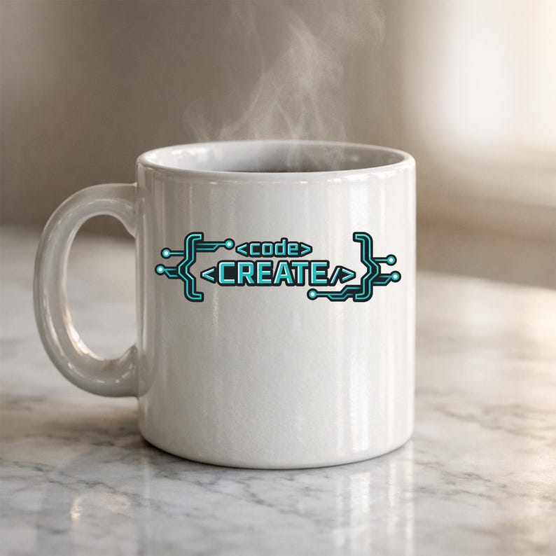 May include: White ceramic mug with the words "<code>CREATE</code>" in a teal circuit board design. Steam rises from the top of the mug, suggesting a hot beverage. The mug has a curved handle and sits on a marble surface.