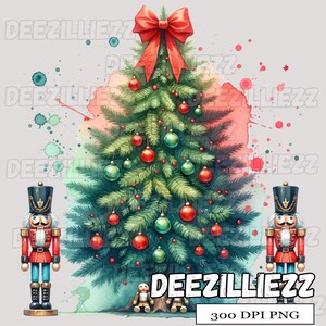 Op de afbeelding: Waterverfillustratie van een kerstboom versierd met rode en groene ballen en een grote rode strik. Twee speelgoed notenkrakers flankeren de boom. De afbeelding bevat de tekst "DEEZILLIEZZ" en "300 DPI PNG".