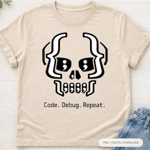 May include: Beige t-shirt featuring a black and white skull design composed of code brackets, semicolons, and other programming symbols. The text "Code. Debug. Repeat." is printed below the skull graphic.