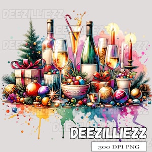 May include: A watercolour illustration of a festive holiday scene. It features wine bottles, glasses, baubles, gifts, and candles. The image has a colourful, celebratory theme with the text "DEEZILLIEZZ" and "300 DPI PNG".