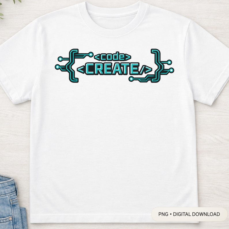 May include: White t-shirt with a teal and black graphic that reads "<code>CREATE</code>". The design is framed by a circuit board-like pattern. The shirt is a digital download.