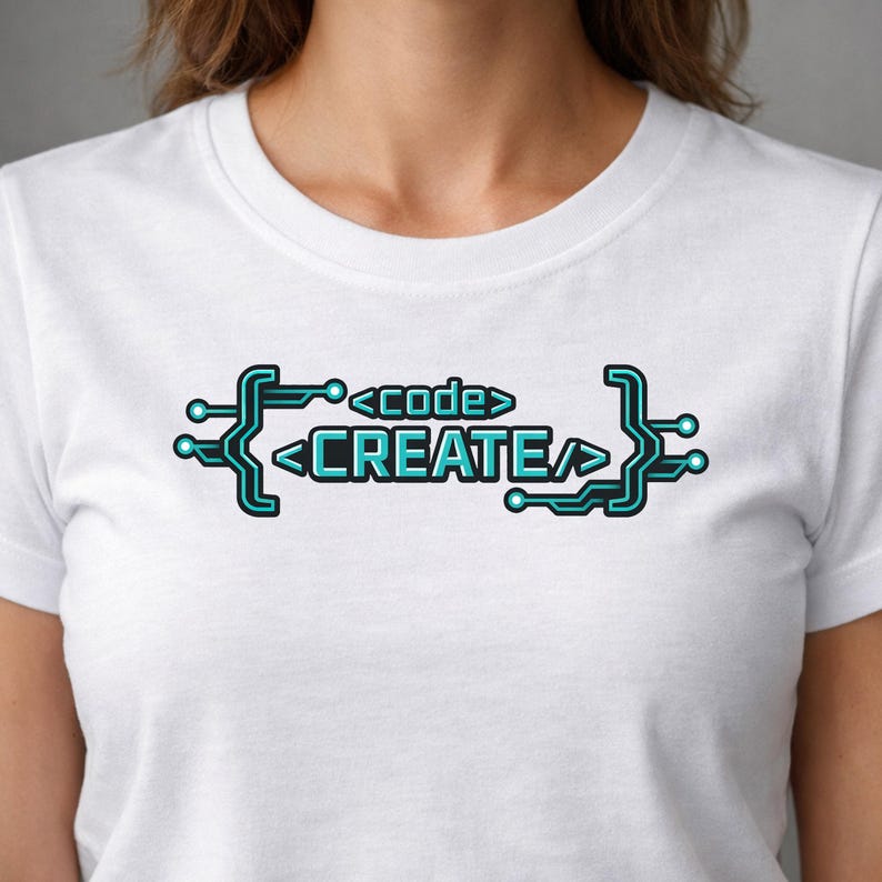 May include: White t-shirt with a teal and black graphic that reads "<code> CREATE". The design resembles a circuit board, with the words placed between stylized brackets and circuit elements. The shirt is made of a soft material.