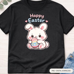 Op de afbeelding: Zwart T-shirt met een cartoonkonijn dat een versierd paasei vasthoudt. De woorden "Happy Easter" staan in roze en blauw boven het konijn. Het ontwerp is een digitale download.