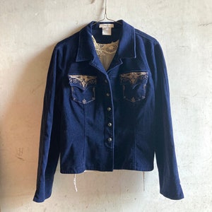 Vintage 80&#39;s Paris Cropped Blue Velvet Jacket blazer with embroidered gold pockets