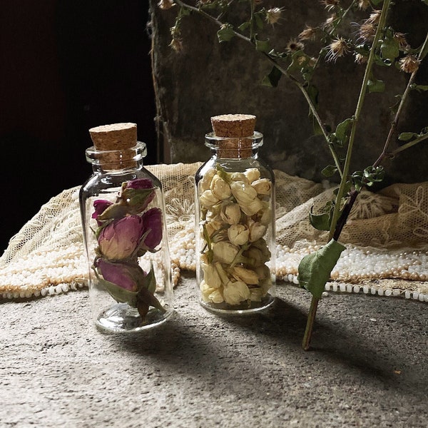 Rose and Jasmine Buds Potion Bottles, Miniature Apothecary Set of 2 Glass Bottles