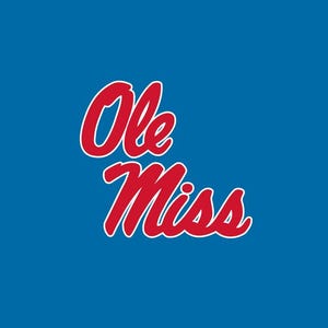 May include: A vibrant blue background featuring the text Ole Miss written in a red script font with a white outline. The letters are arranged in two lines, with Ole on the top and Miss on the bottom, centered against the solid blue backdrop.