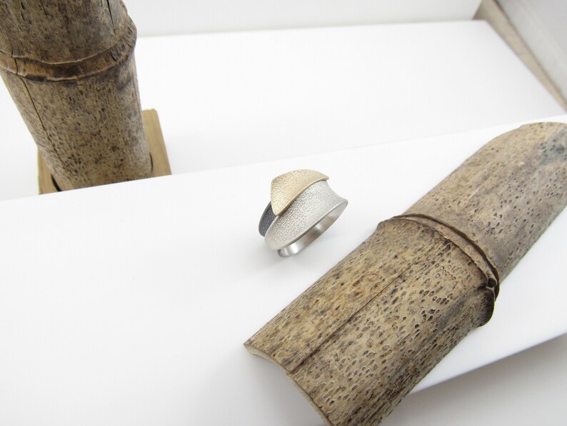 Comfortable Band |Signature ring Custom sizing TRI-COLOUR RING Oxididated Silver |Waves Nature Instock 10K Sterling Silver