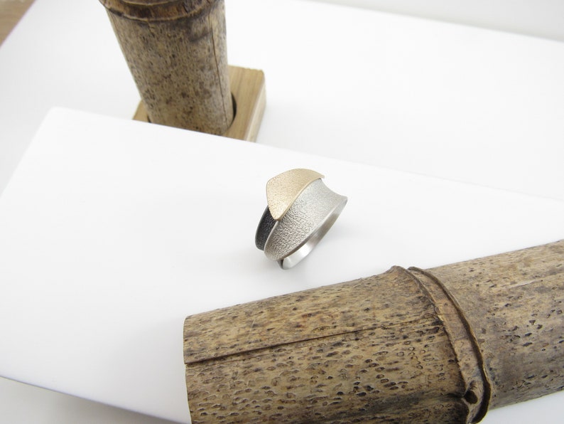 Comfortable Band |Signature ring Custom sizing TRI-COLOUR RING Oxididated Silver |Waves Nature Instock 10K Sterling Silver