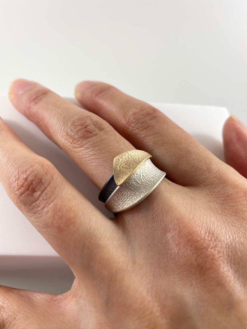 Comfortable Band |Signature ring Custom sizing TRI-COLOUR RING Oxididated Silver |Waves Nature Instock 10K Sterling Silver