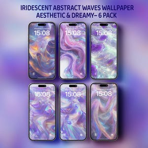May include: Six smartphones displaying iridescent abstract wave wallpapers in shades of purple, pink, and gold. The time 15:08 is visible on each screen. The text "IRIDESCENT ABSTRACT WAVES WALLPAPER AESTHETIC & DREAMY - 6 PACK" is at the top.