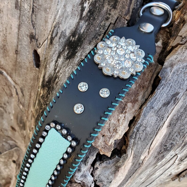 Turquoise Bling Black Leather Dog Collar