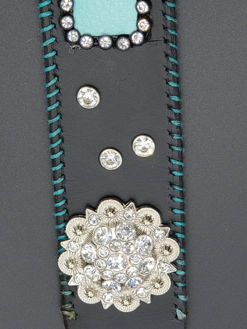 Turquoise Bling Black Leather Dog Collar