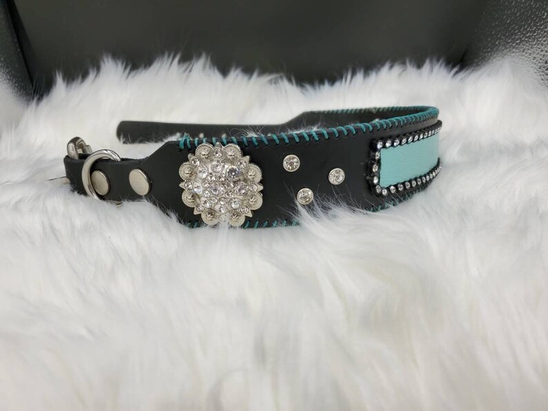 Turquoise Bling Black Leather Dog Collar