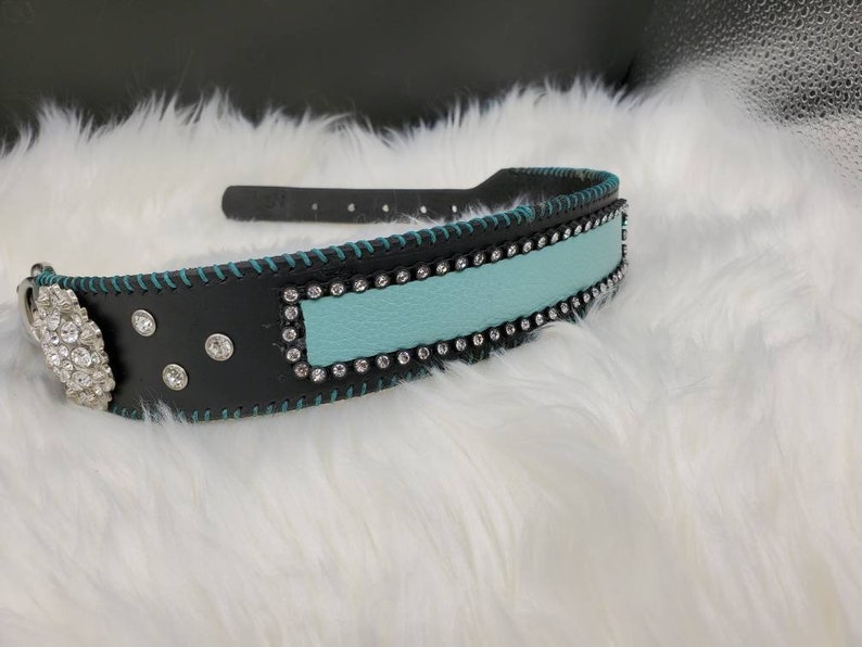 Turquoise Bling Black Leather Dog Collar