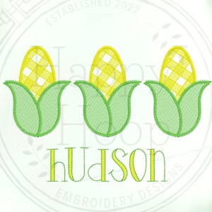 Gingham Sketch Corn Trio, Farm Sketch Embroidery Design, Corn Embroidery Design, Sketch Fill Fall Design, Thanksgiving, shopHappyHoop