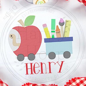 Back to School Embroidery Design, School Worm Design, Apple Worm Train Sketch Design, Apple Worm Embroidery Design, shopHappyHoop, School