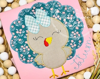 Girl's Turkey Zig Zag Applique, Turkey Girl with Bow Applique Design, Zig Zag Turkey Applique, shopHappyHoop, Thanksgiving Turkey Applique