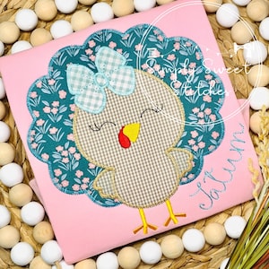 Girl&#39;s Turkey Zig Zag Applique, Turkey Girl with Bow Applique Design, Zig Zag Turkey Applique, shopHappyHoop, Thanksgiving Turkey Applique