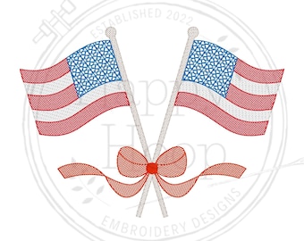 Crossed American Flags with Bow Machine Embroidery Design, Sketch USA Flags, Memorial Day, Fourth of July Embroidery, Independence Day