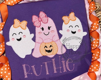 Girly Ghosts Sketch Fill Design, Trick or Treat Ghost Trio, Girl Ghost with Bows Design, Halloween Embroidery, Ghost with Pumpkin Embroidery