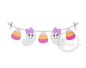 Ghost and Candy Corn Bunting, Girl Ghost with Bows Halloween Bunting Embroidery Design, Halloween Embroidery, Spooky Season, Trick or Treat